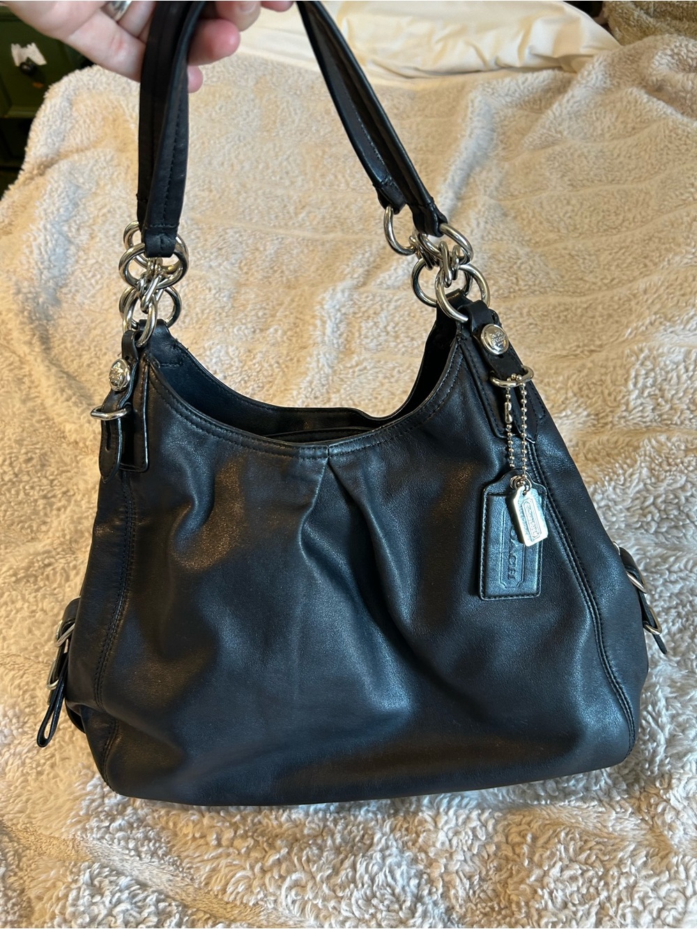 Coach Black Leather Madison Maggie hobo bag with double hangtags.